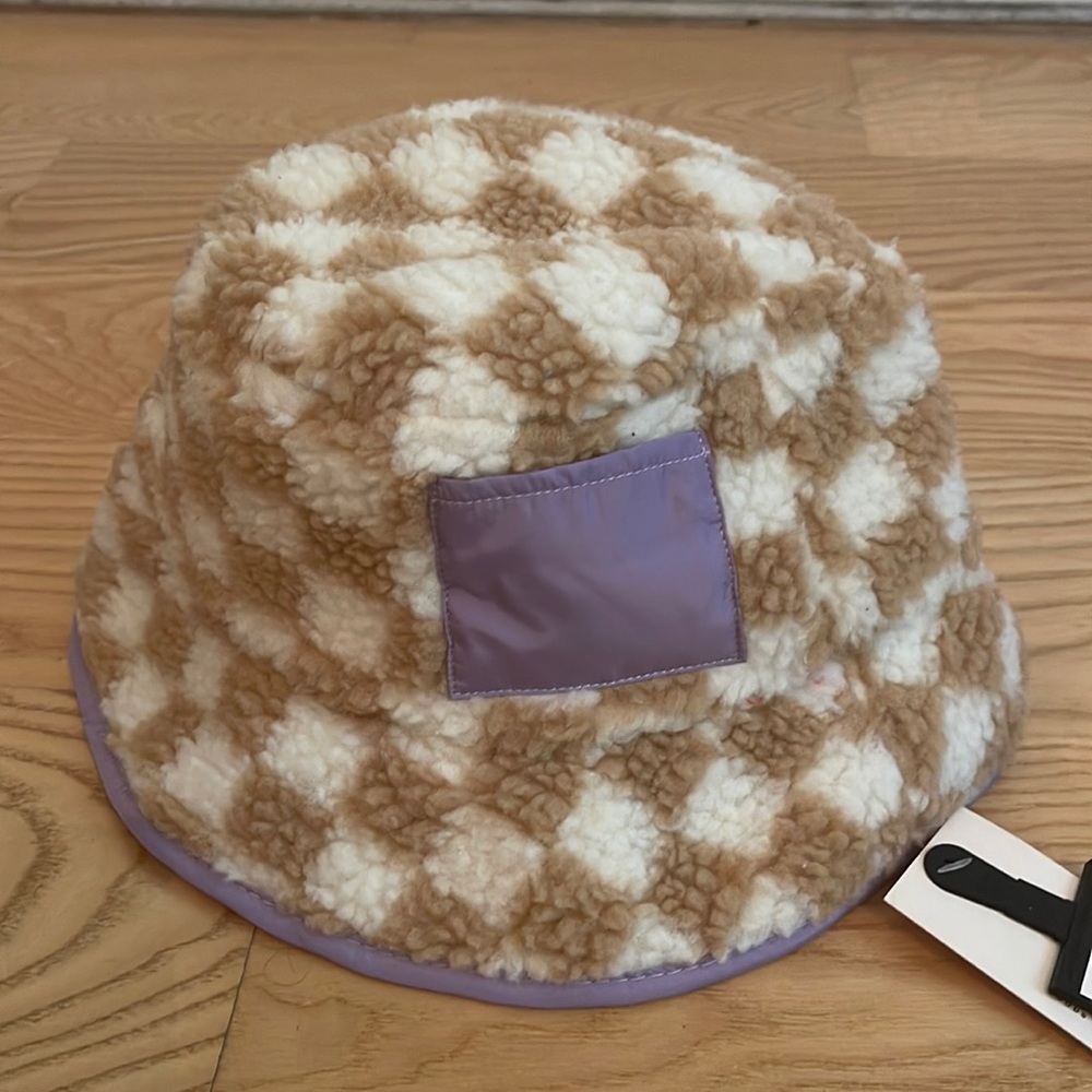 SO Tan and Cream Checkered Bucket Hat with Purple Trim